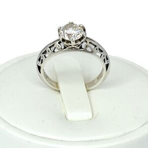 VTG Round Solitaire Zirconia Cut Out Band 925 Sterling Silver Ring Size 5